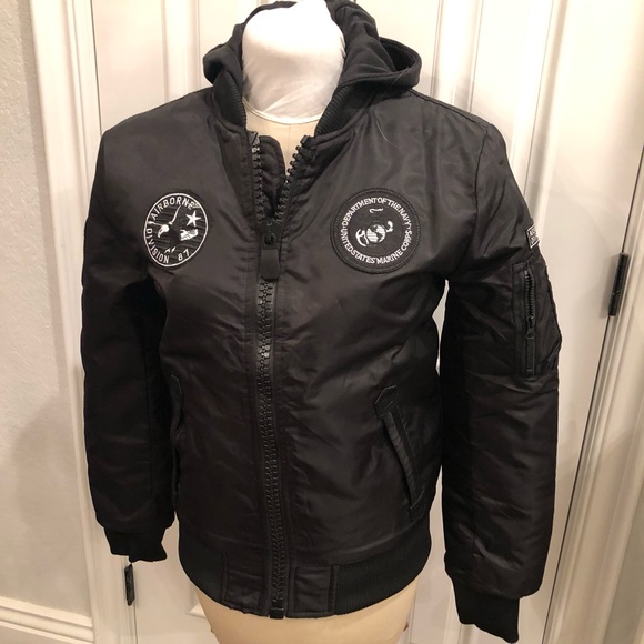 XRAY Jeans Hooded Jacket Men Size M Black Military Flight Patch~Dept. of Navy - Picture 2 of 10